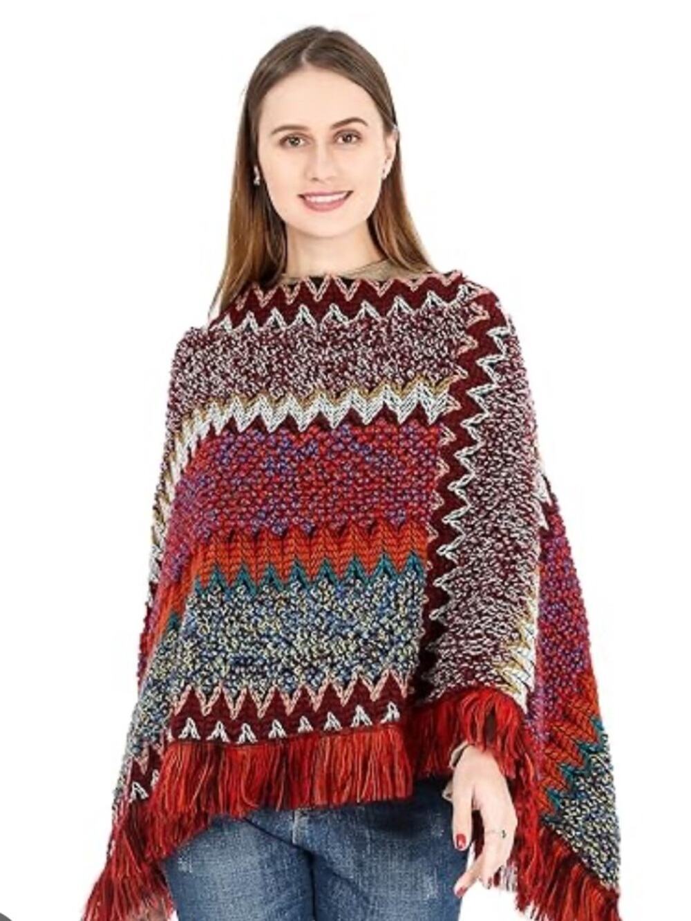 Colorful Zigzag Knit Fringe Poncho- Multicolor